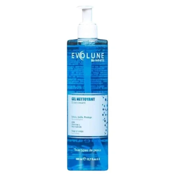Flacon pompe bleu Evolune Bi-White Gel Nettoyant Éclaircissant 400 ml