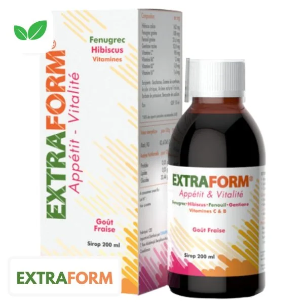 Flacon de sirop brun et étui Extraform Appétit et Vitalité goût fraise