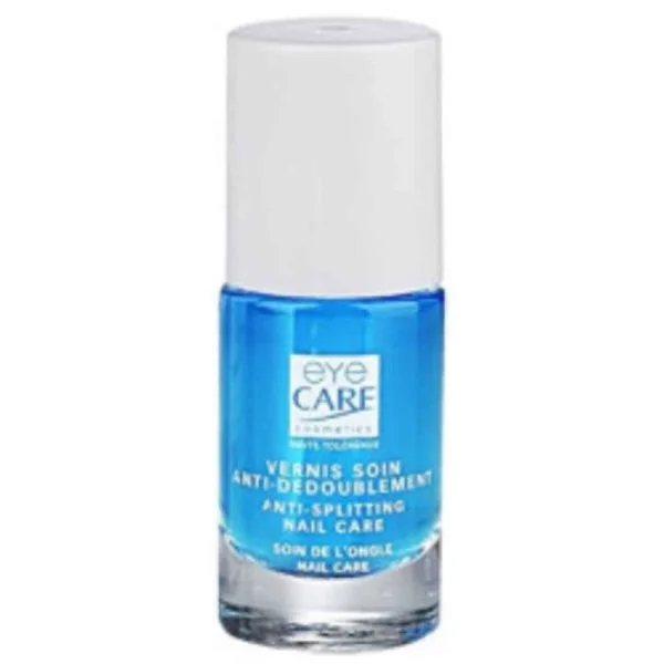 Flacon Eye Care vernis soin anti-dédoublement, liquide bleu et capuchon blanc