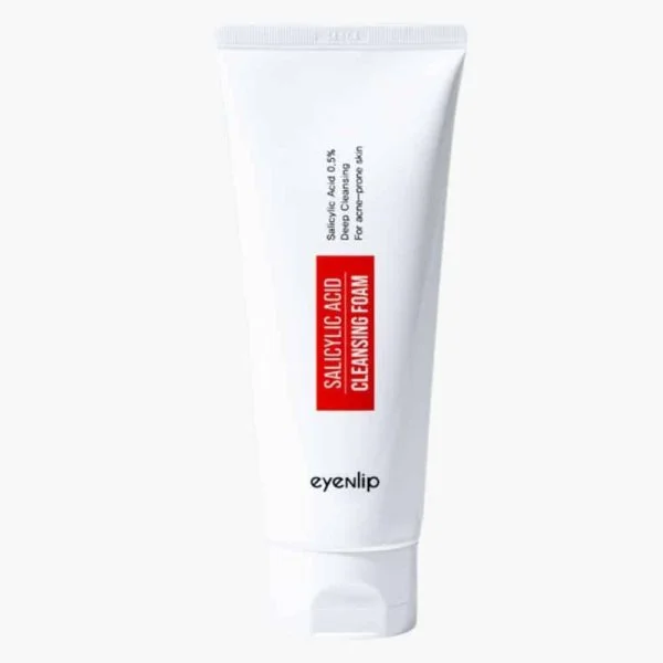 Tube blanc mousse nettoyante acide salicylique Eyenlip, étiquette rouge verticale