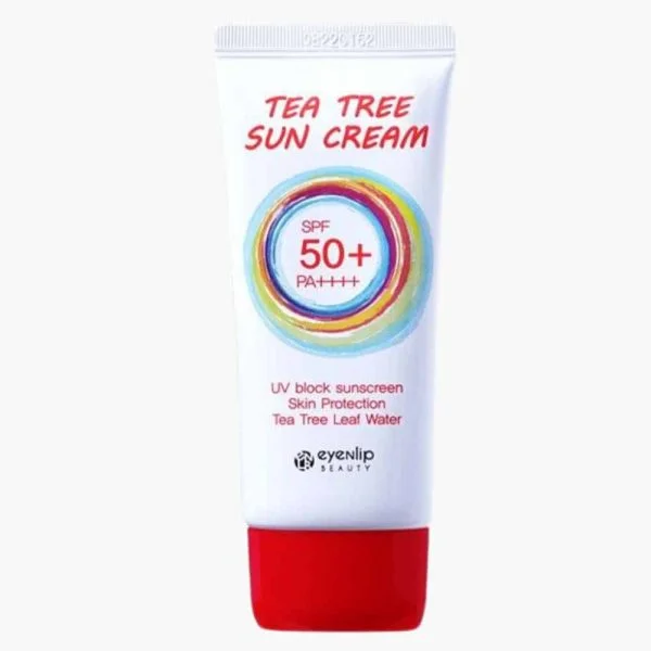 Tube blanc à bouchon rouge crème solaire Tea Tree Eyenlip SPF50+