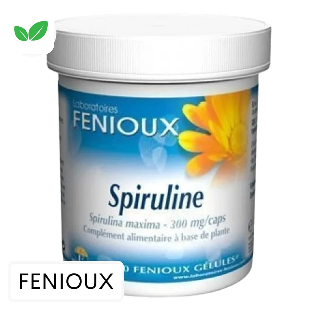 fenioux-spiruline-300mg-200-gelules.jpg Pot blanc Fenioux Spiruline 300 mg, étiquette bleue, complément à base de plante