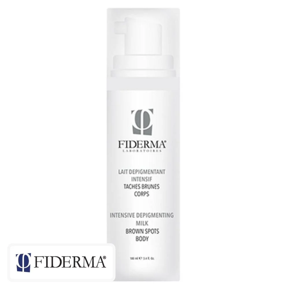 fiderma-clarifid-lait-depigmentant-intensif-taches-brunes-100ml.jpg Flacon pompe blanc Fiderma lait dépigmentant intensif corps 100 ml