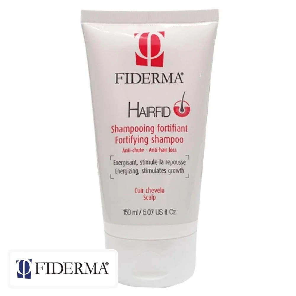 fiderma-hairfid-shampoing-fortifiant-150ml.jpg Tube blanc Fiderma Hairfid shampooing fortifiant 150 ml, mentions rouges