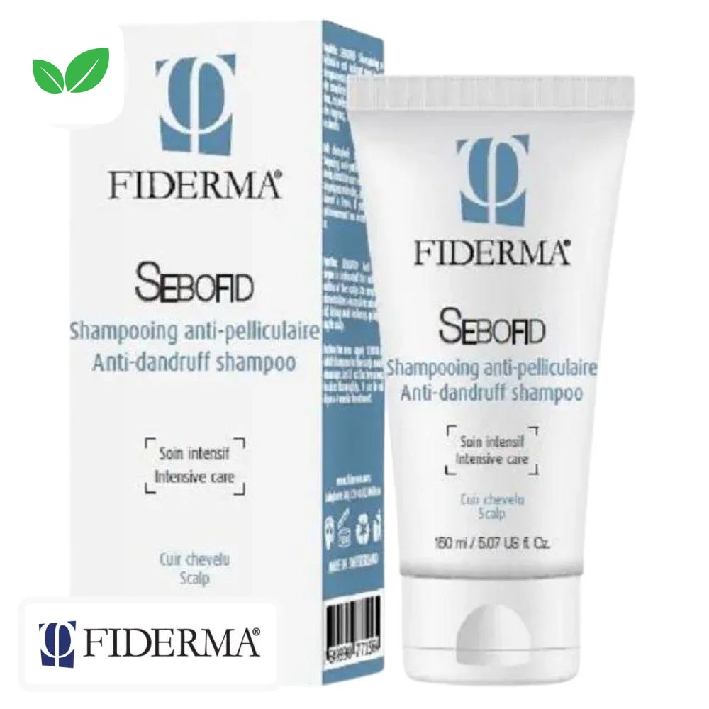 fiderma-sebofid-shampoing-anti-pelliculaire-150ml.jpg Étui bleu et tube Fiderma Sebofid shampooing anti-pelliculaire 150 ml