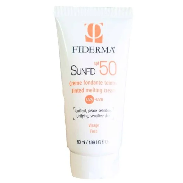 Tube blanc Fiderma Sunfid SPF50 crème fondante teintée 50 ml