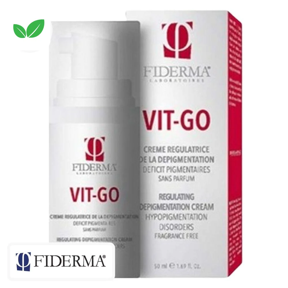 fiderma-vit-go-creme-regulatrice-de-la-depigmentation-50ml.jpg Flacon pompe blanc et étui rouge Fiderma Vit-Go crème 50 ml