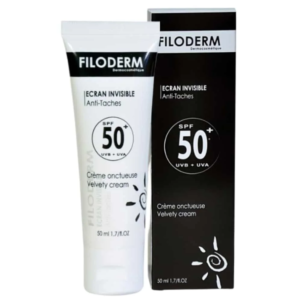filoderm-ecran-invisible-anti-taches-spf50-50ml.jpg Tube blanc et étui noir Filoderm Écran Invisible Anti-Taches SPF50+ 50 ml