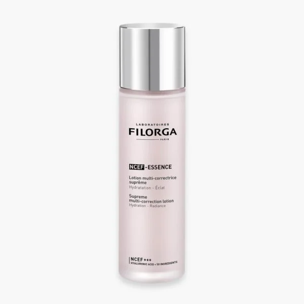 Flacon rose Filorga NCEF-Essence lotion multi-correctrice suprême, bouchon argenté, 150 ml