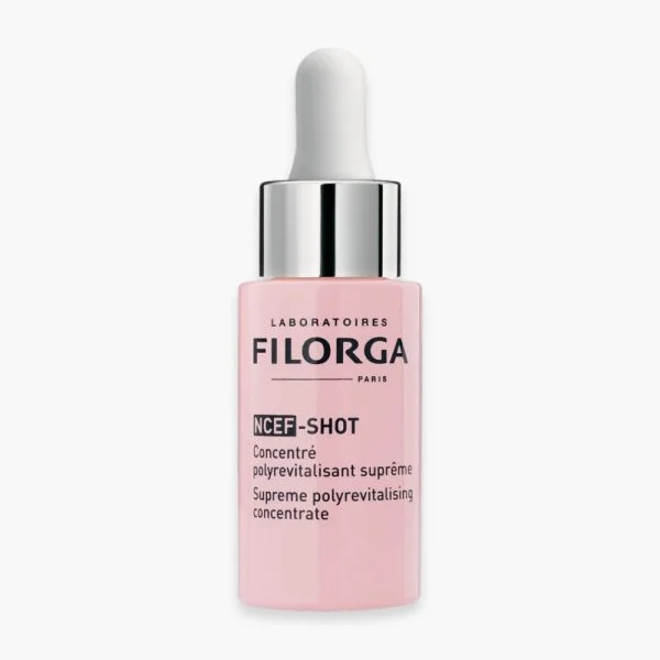 Petit flacon rose Filorga NCEF-Shot, concentré polyrevitalisant suprême, compte-gouttes blanc