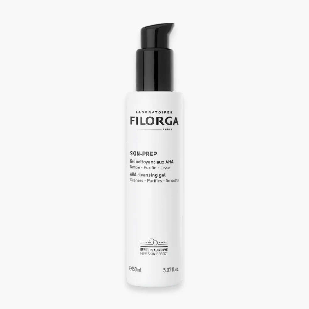 filorga-skin-prep-gel-nettoyant-aux-aha-150ml.jpg Flacon pompe blanc Filorga Skin-Prep, gel nettoyant aux AHA, bouchon noir, 150 ml