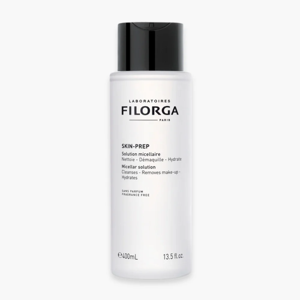filorga-skin-prep-solution-micellaire-400ml.jpg Grand flacon blanc givré Filorga Skin-Prep, solution micellaire sans parfum, 400 mL