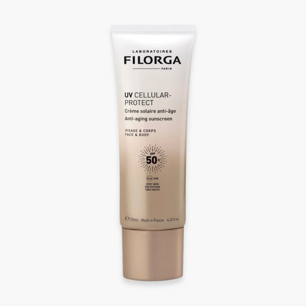 filorga-uv-celullar-protect-creme-solaire-anti-age-visage-corps-spf50-125ml.jpg Tube beige Filorga UV Cellular-Protect crème solaire SPF50+ visage corps 125 ml