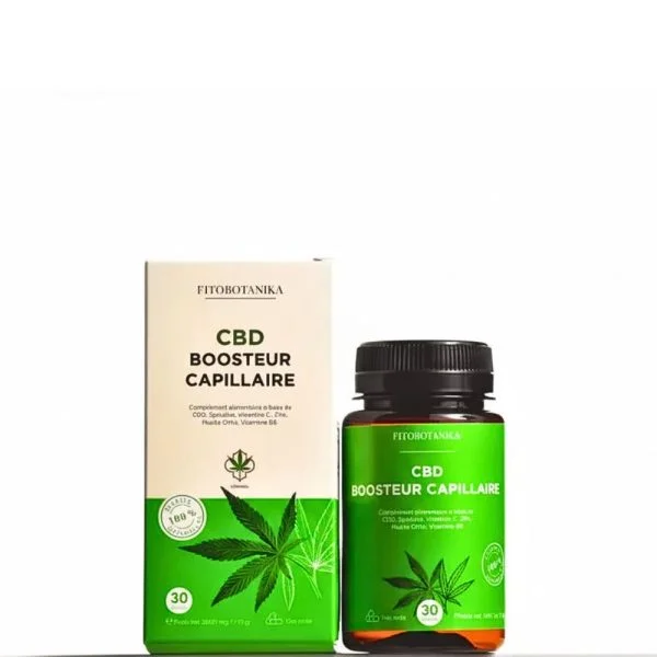 Coffret et flacon vert Fitobotanika CBD boosteur capillaire de 30 gélules