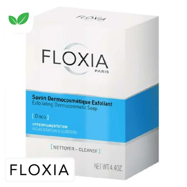 Étui blanc et bleu Floxia Disco savon dermocosmétique exfoliant 125 g