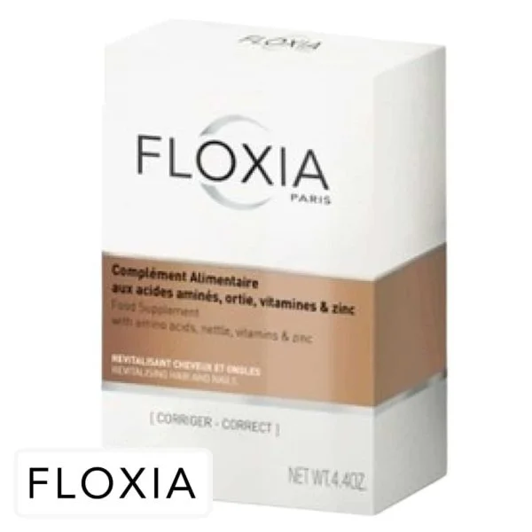 Boîte beige Floxia complément alimentaire revitalisant cheveux et ongles comprimés