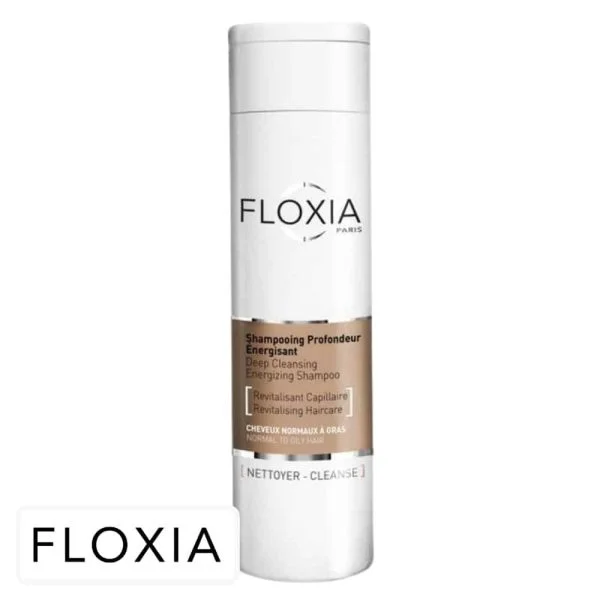 Flacon blanc Floxia shampooing profondeur énergisant cheveux normaux à gras