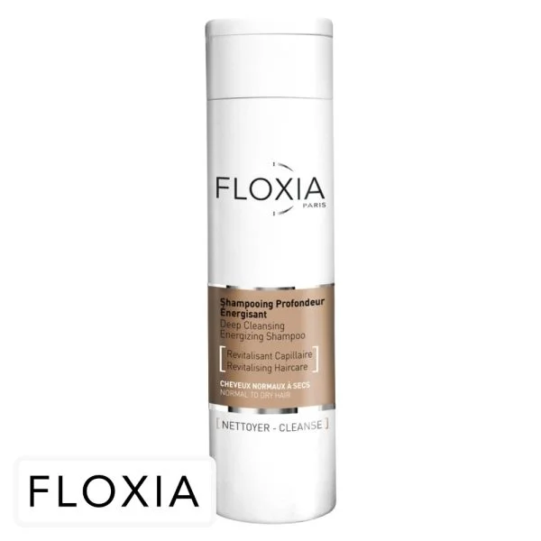 Flacon blanc Floxia shampooing profondeur énergisant cheveux normaux à secs