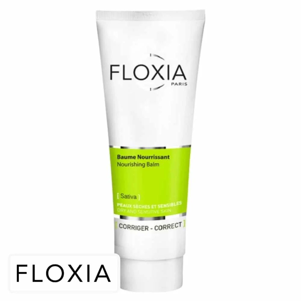 floxia-sativa-baume-nourrissant-250ml.jpg Tube blanc et vert Floxia Sativa baume nourrissant peaux sèches 250 ml