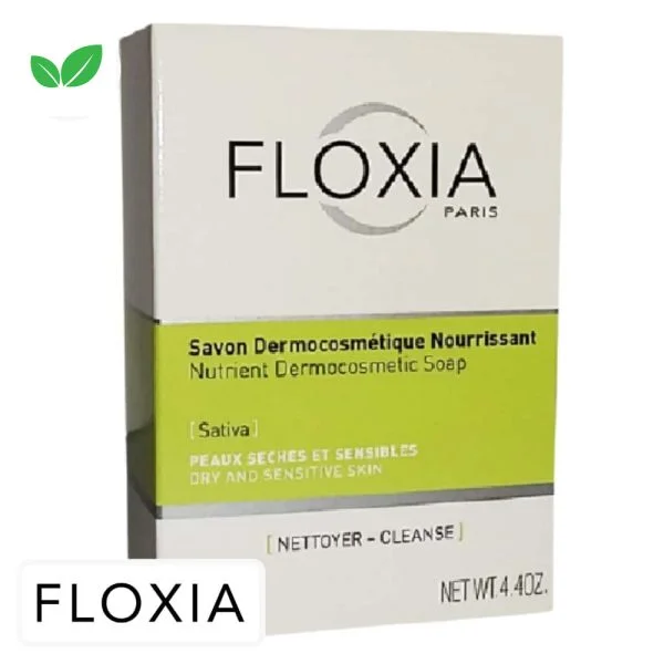 Étui blanc et vert Floxia Sativa savon dermocosmétique nourrissant pain 125 g