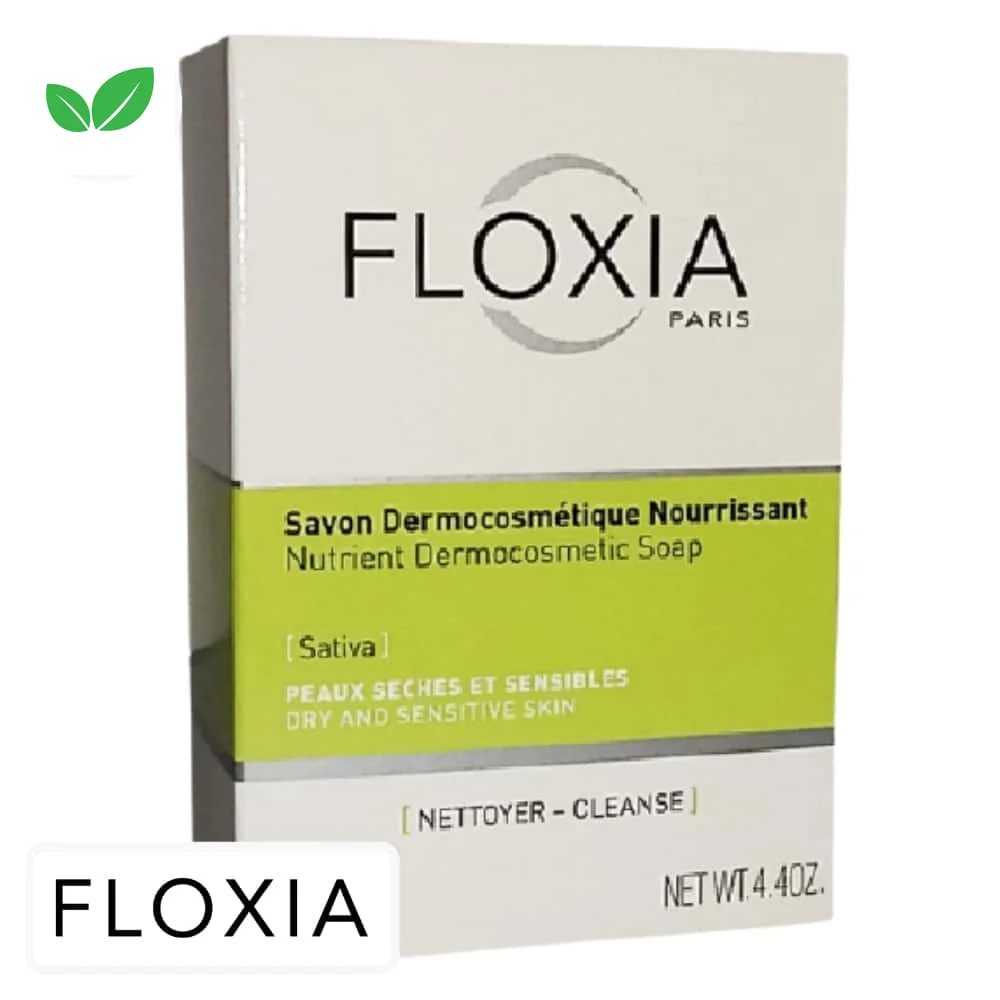 floxia-sativa-savon-dermocosmetique-nourrissant-125g.jpg Étui blanc et vert Floxia Sativa savon dermocosmétique nourrissant pain 125 g