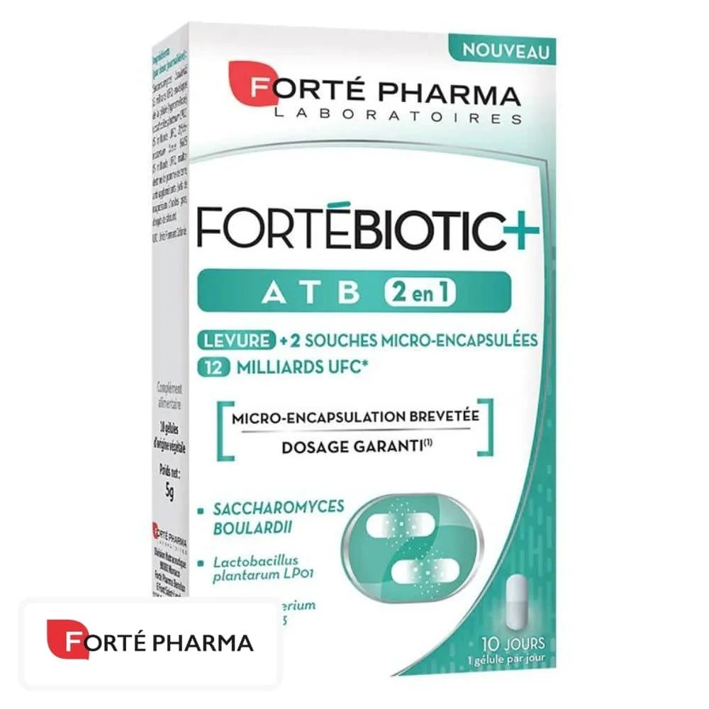 forte-pharma-fortebiotic-atb-2en1-10-gelules.jpg Étui blanc et vert Forté Pharma Fortébiotic+ ATB 2en1 10 gélules