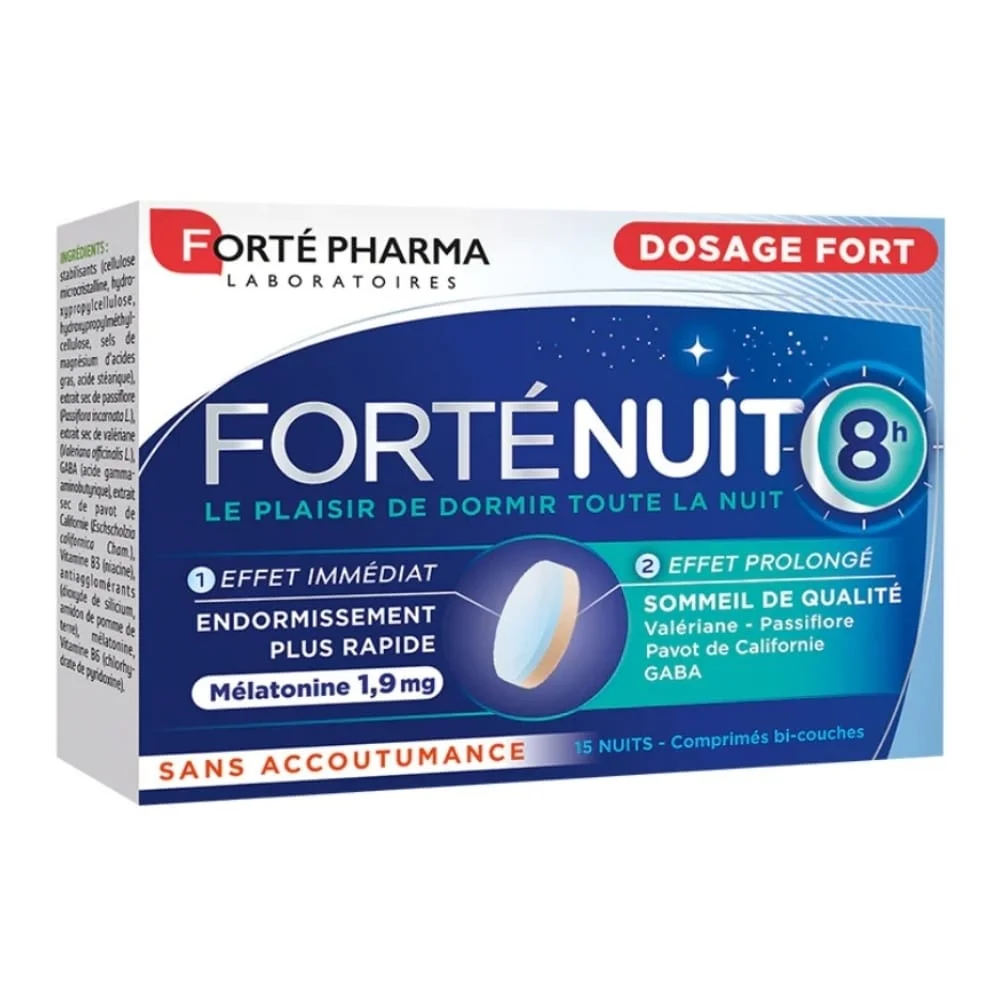 forte-pharma-fortenuit-8h-dosage-fort-effet-prolonge-melatonine-endormissement-plus-rapide-19mg-30-comprimes.jpg Étui bleu Forté Pharma Forténuit 8h mélatonine 1,9 mg comprimés bi-couches