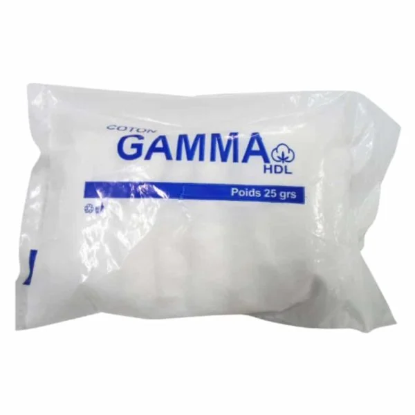 Sachet plastique de coton hydrophile Gamma HDL, poids 25 grammes