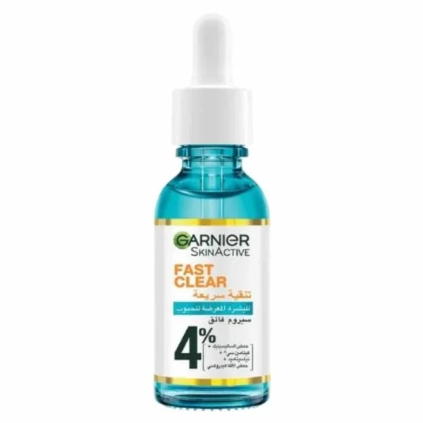 Flacon bleu turquoise pipette Garnier SkinActive Fast Clear sérum booster