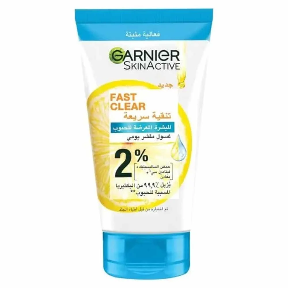 garnier-fast-clear-daily-exfoliating-wash-150ml.jpg Tube Garnier SkinActive Fast Clear bleu et blanc gel exfoliant quotidien visage