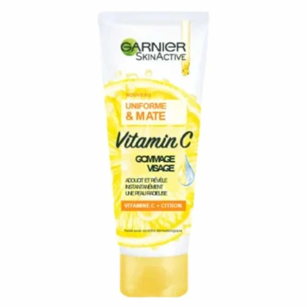 Tube Garnier SkinActive gommage visage vitamine C citron jaune et blanc
