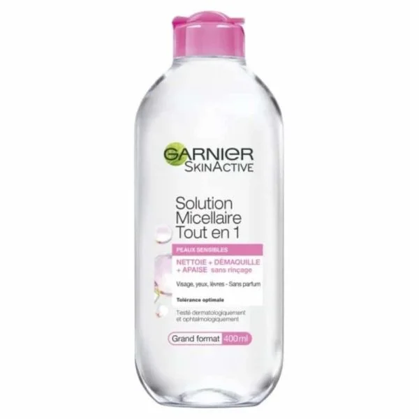 Flacon transparent bouchon rose Garnier SkinActive solution micellaire peaux sensibles