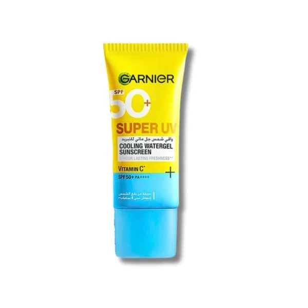Tube jaune et bleu Garnier Super UV cooling watergel SPF50+ protection solaire visage