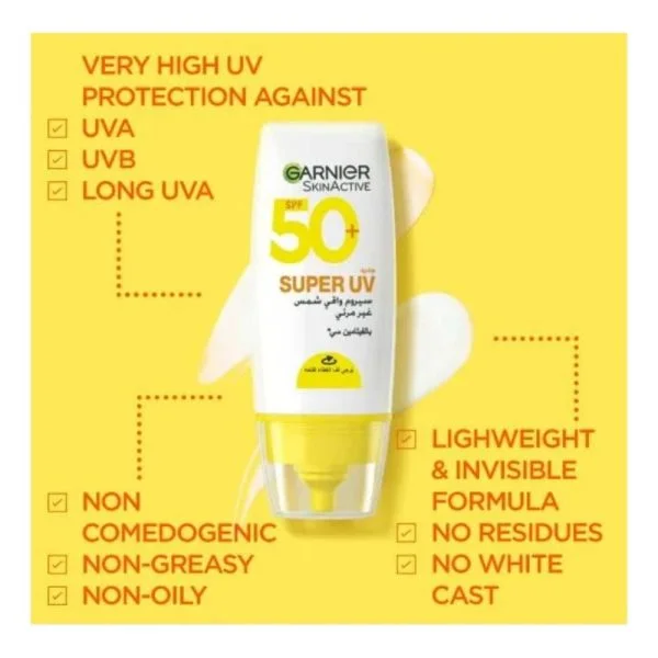 Flacon blanc et jaune Garnier Super UV sérum solaire invisible SPF50+