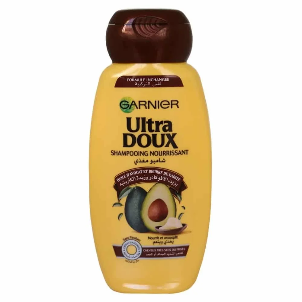 garnier-ultra-doux-shampoing-avocat-karite-200ml.jpg Flacon jaune Garnier Ultra Doux shampooing nourrissant avocat et karité