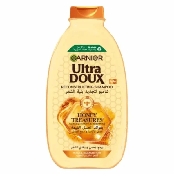 Grand flacon jaune Garnier Ultra Doux shampooing miel d'acacia cire d'abeille