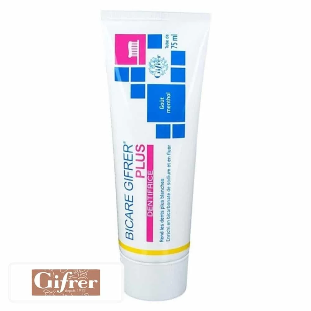 gifrer-bicare-plus-dentifrice-blanchissant-gout-menthol-75ml.jpg Tube blanc Gifrer Bicare+ dentifrice blanchissant goût menthol 75 ml