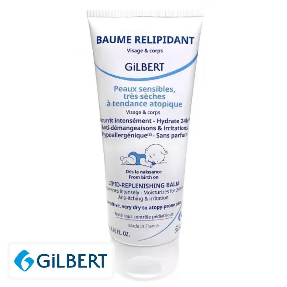 gilbert-baume-relipidant-nourrissant-hydratant-200ml.jpg Tube blanc Gilbert Baume Relipidant visage et corps, 200 ml, texte bleu