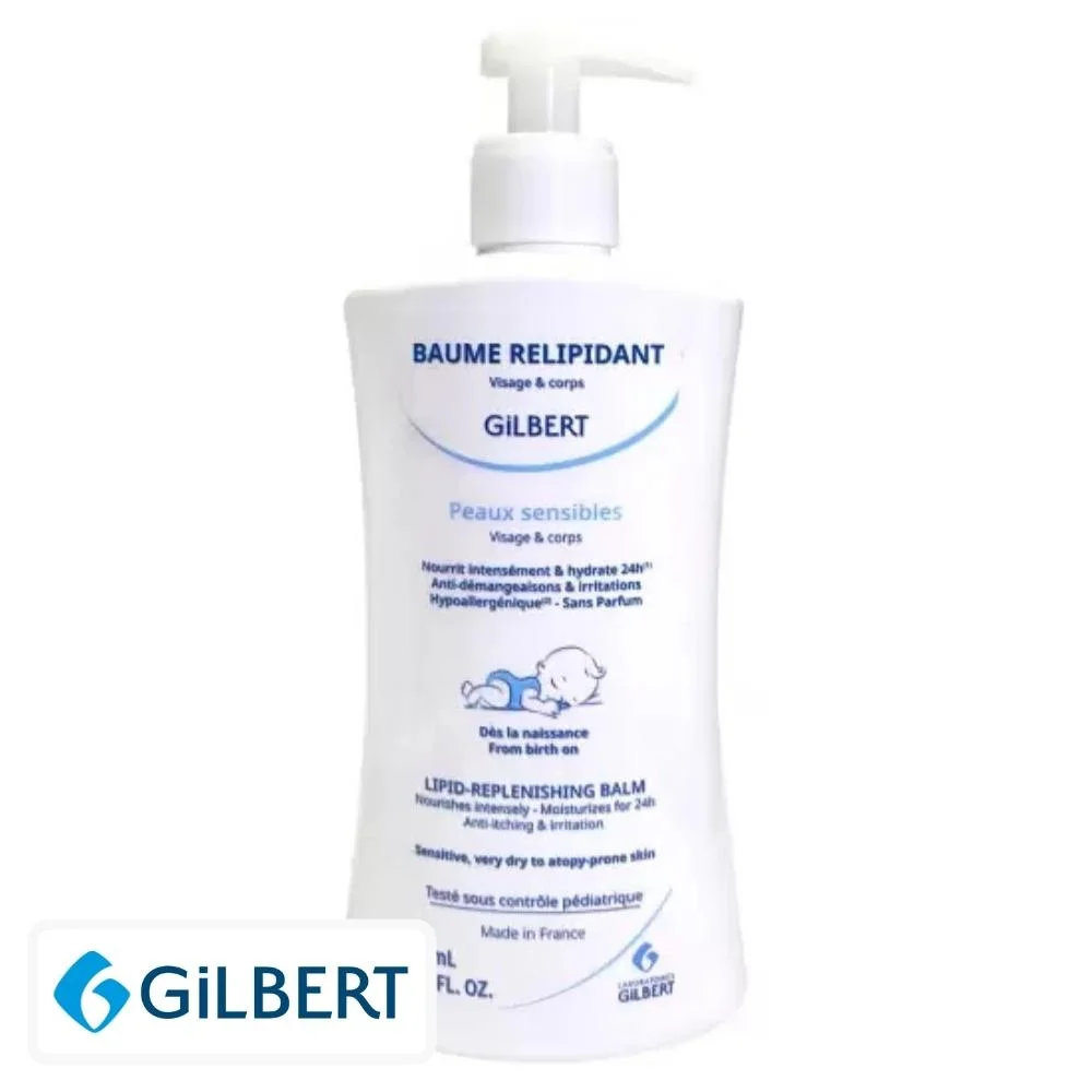 gilbert-baume-relipidant-nourrissant-hydratant-400ml.jpg Flacon pompe blanc Gilbert Baume Relipidant visage et corps, 400 ml