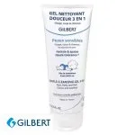 Tube blanc Gilbert Gel nettoyant douceur 3 en 1, 200 ml, texte bleu