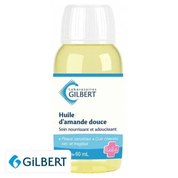 Flacon d'huile d'amande douce Gilbert 60 ml, étiquette bleue et blanche
