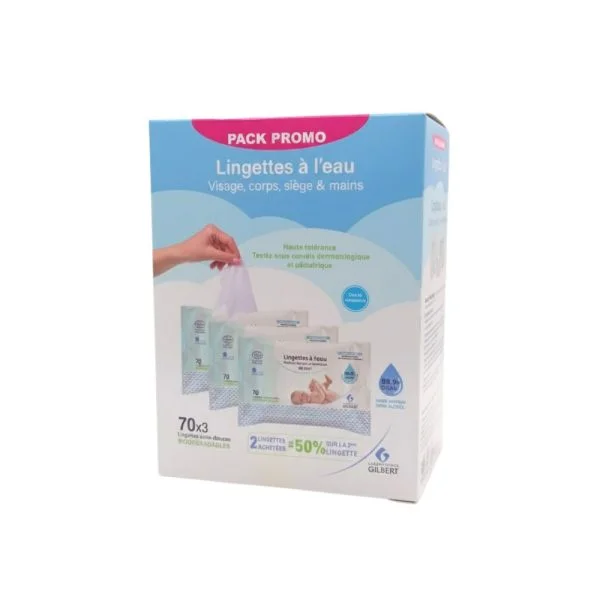 Boîte pack promo Gilbert Lingettes à l'eau, trois paquets de 70 lingettes