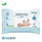 Paquet blanc Gilbert Lingettes à l'eau, 70 lingettes, logo Ecocert