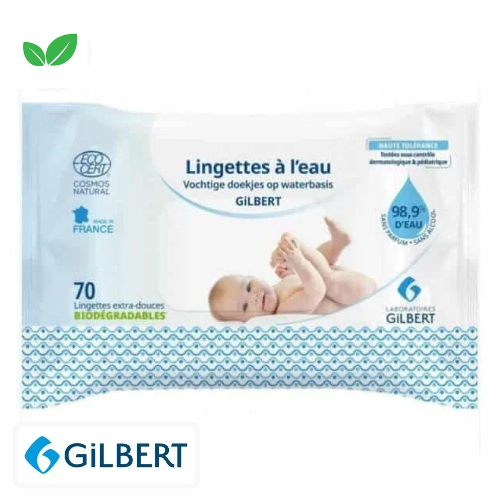 gilbert-lingettes-a-l-eau-70u.jpg Paquet blanc Gilbert Lingettes à l'eau, 70 lingettes, logo Ecocert