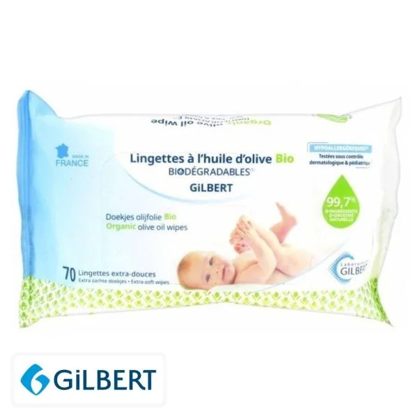 Paquet Gilbert Lingettes à l'huile d'olive bio, 70 lingettes, motif vert
