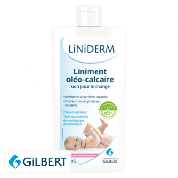 Flacon blanc Liniderm liniment oléo-calcaire Gilbert avec photo de bébé
