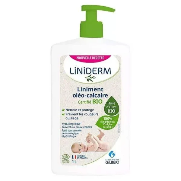 Grand flacon pompe verte Liniderm bio liniment oléo-calcaire Gilbert 1 litre