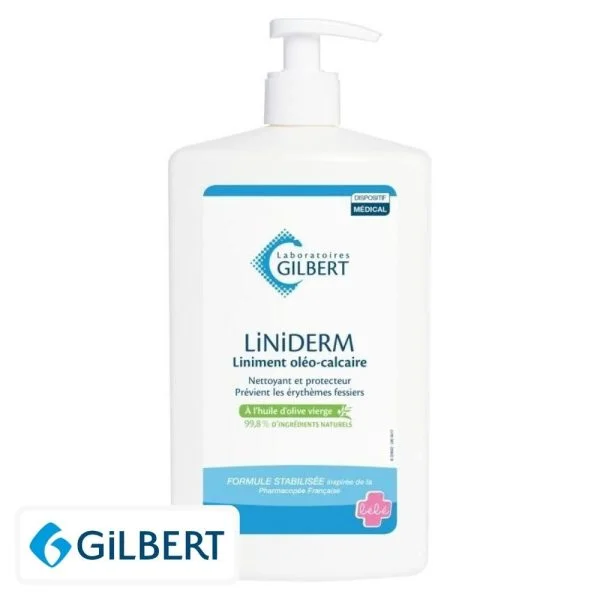 Flacon pompe blanc Gilbert Liniderm liniment oléo-calcaire, étiquette bleue