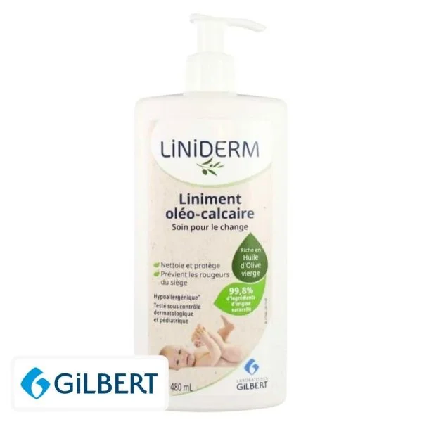 Flacon pompe Liniderm liniment oléo-calcaire Gilbert 480 ml étiquette verte