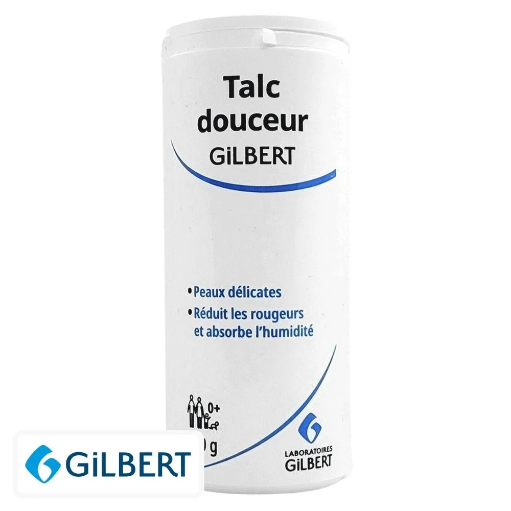 gilbert-talc-douceur-en-poudre-100g.jpg Flacon saupoudreur blanc Talc Douceur Gilbert poudre pour peaux délicates
